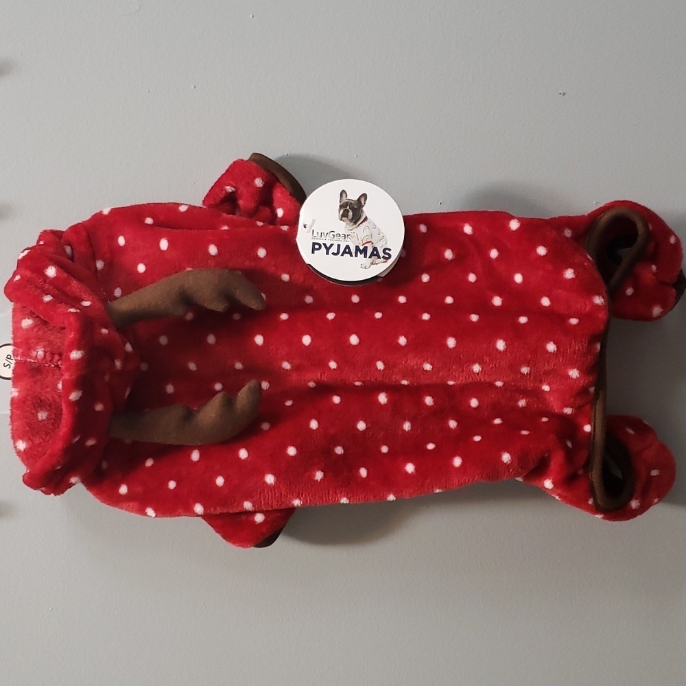 Luvgear Pyjamas NWT Dog Apparel Red Polka Dot with Antler Hoodie, Small